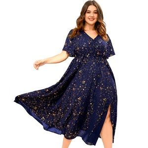 Bloom Dress - Star Button Pocket Wrap Split Ruffles Maxi Dress Dark Blue 4X NWT